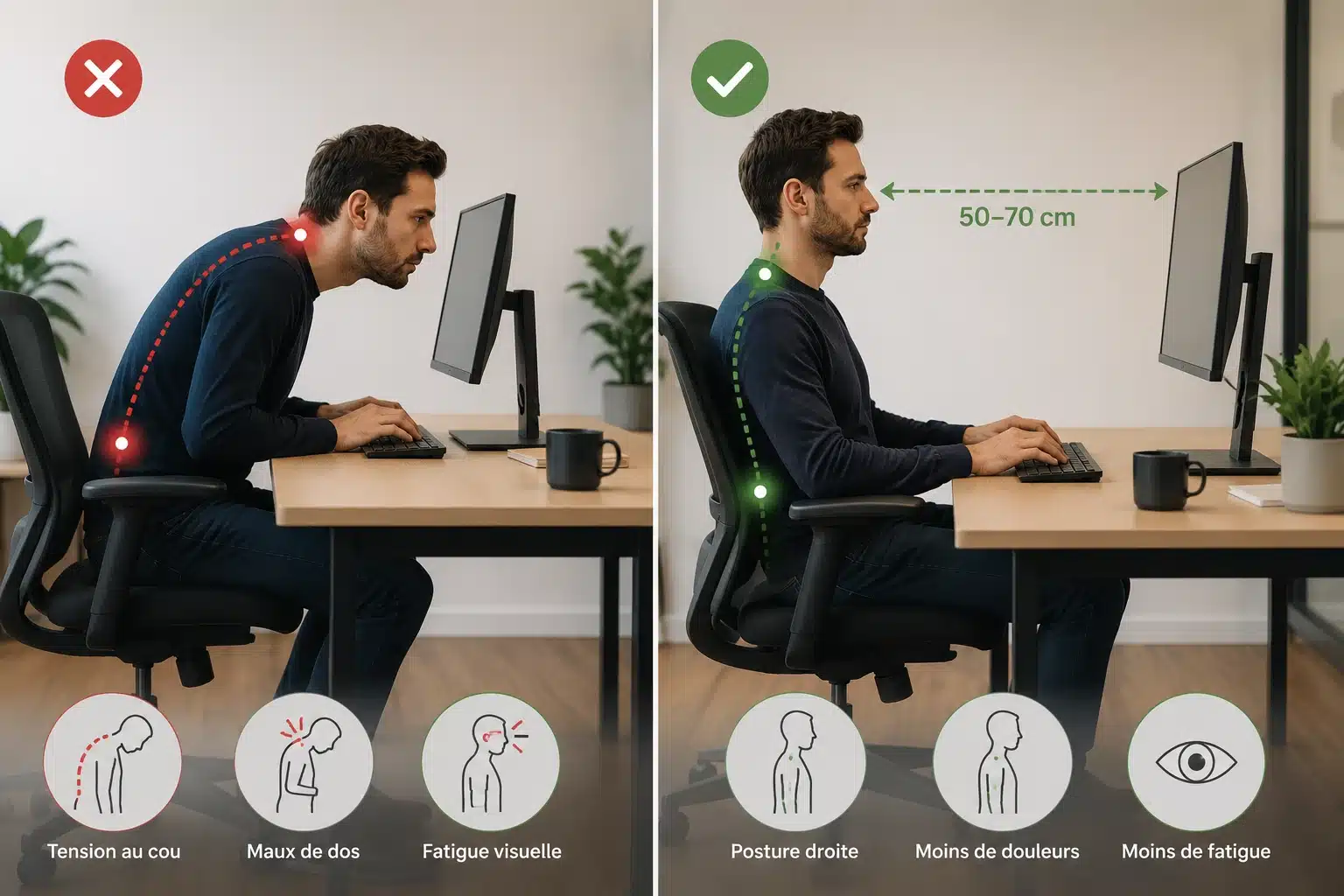 Comparaison entre une distance d'écran trop proche et une distance correcte