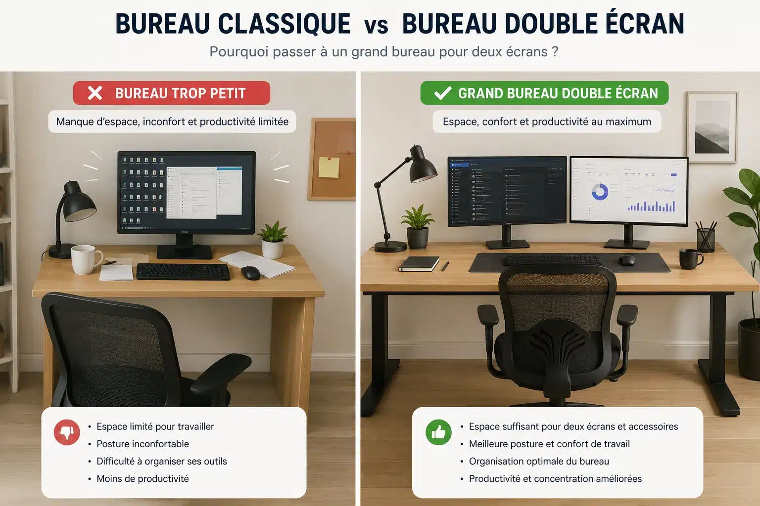 Comparatif entre un bureau à un écran et un bureau double écran