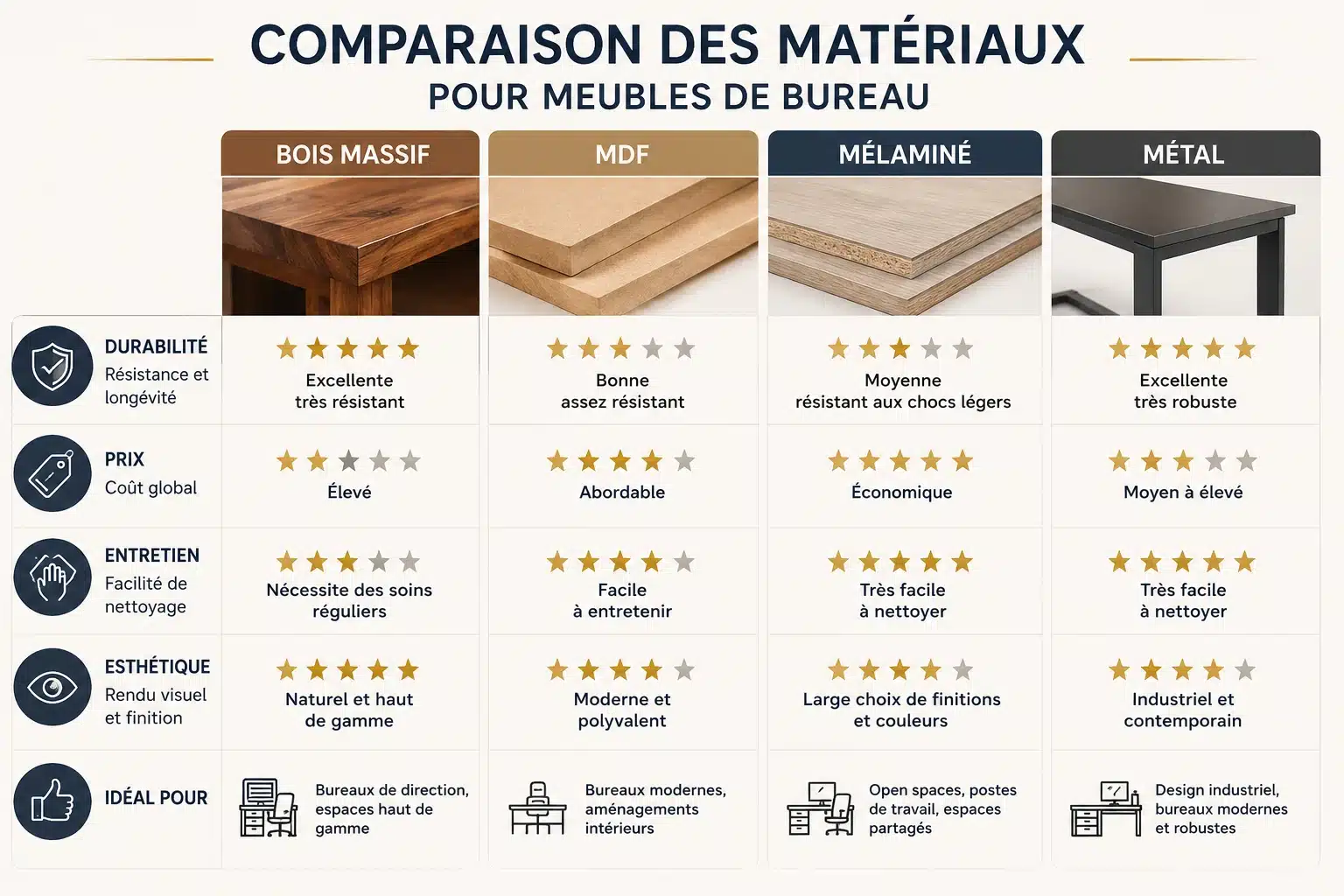 Comparatif des matériaux de meubles de bureau au Maroc : bois massif, MDF, mélaminé et métal