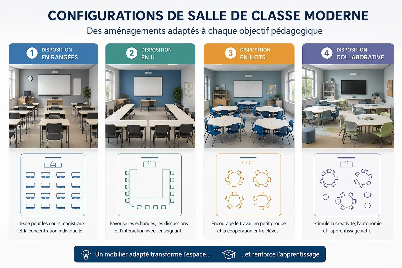 Différentes configurations de salle de classe : îlots, U, amphithéâtre et ateliers
