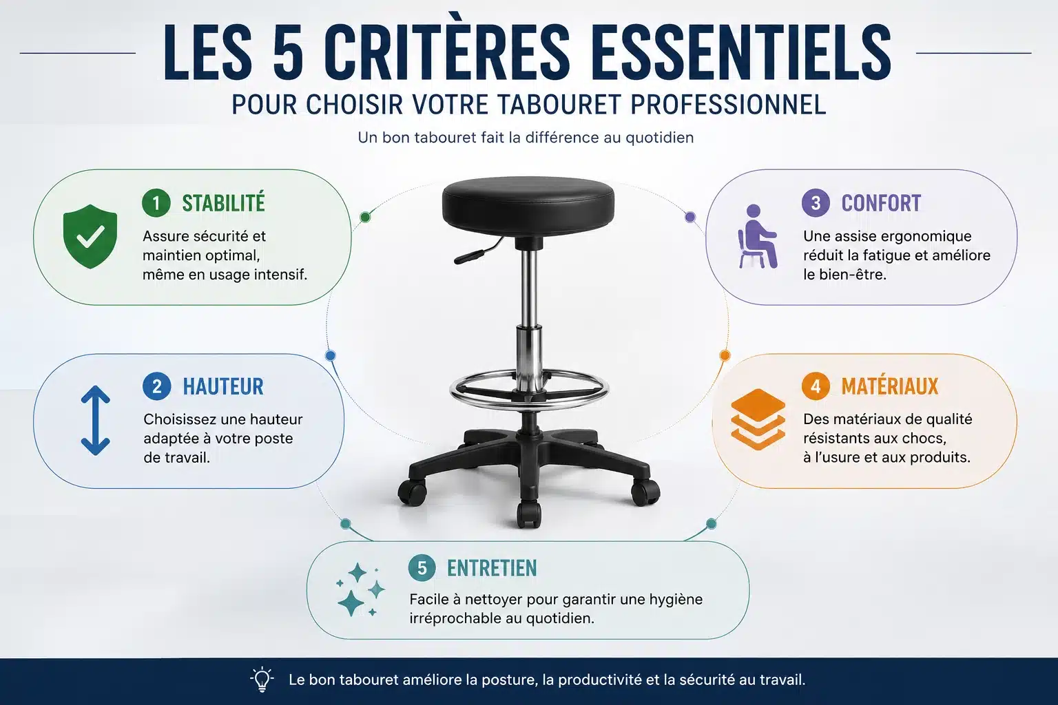 Critères de choix d'un tabouret professionnel : hauteur, stabilité, réglages et revêtement