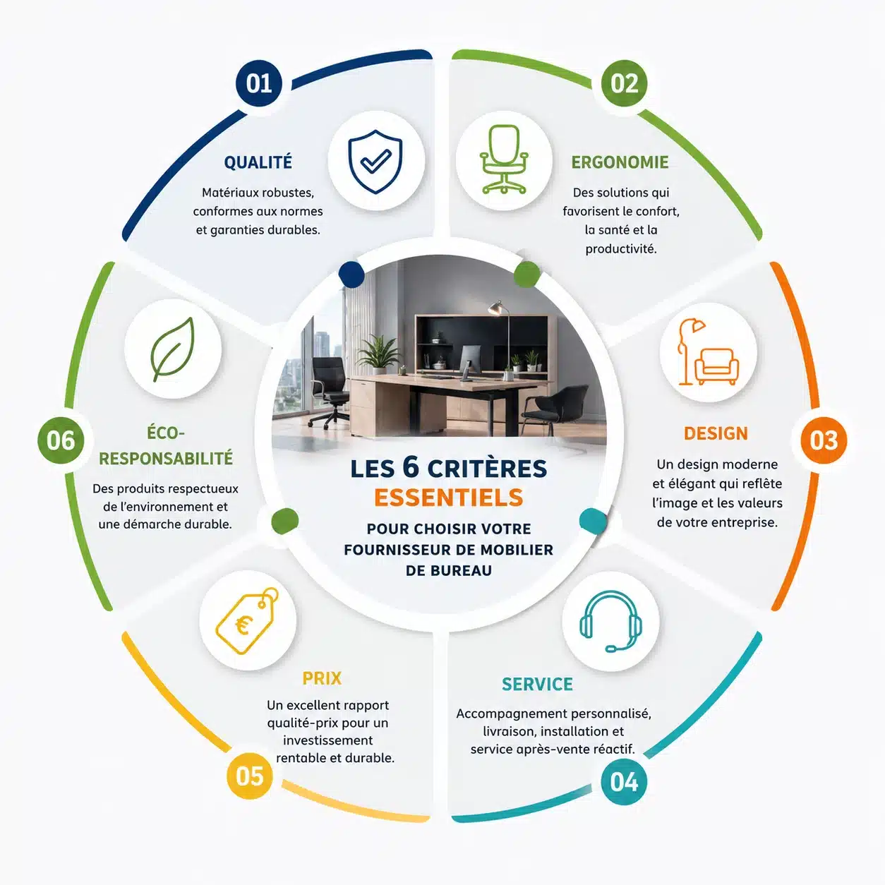 Récapitulatif visuel des critères de sélection d'un fournisseur de mobilier de bureau