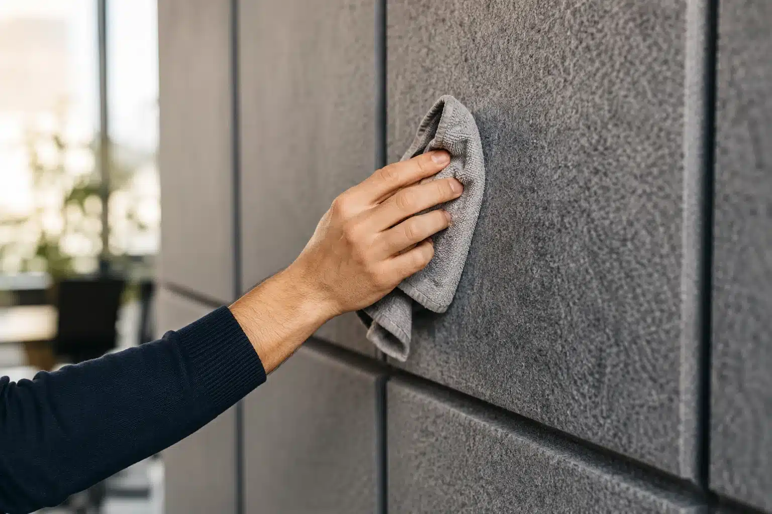 Dépoussiérage d'un panneau acoustique avec un chiffon microfibre
