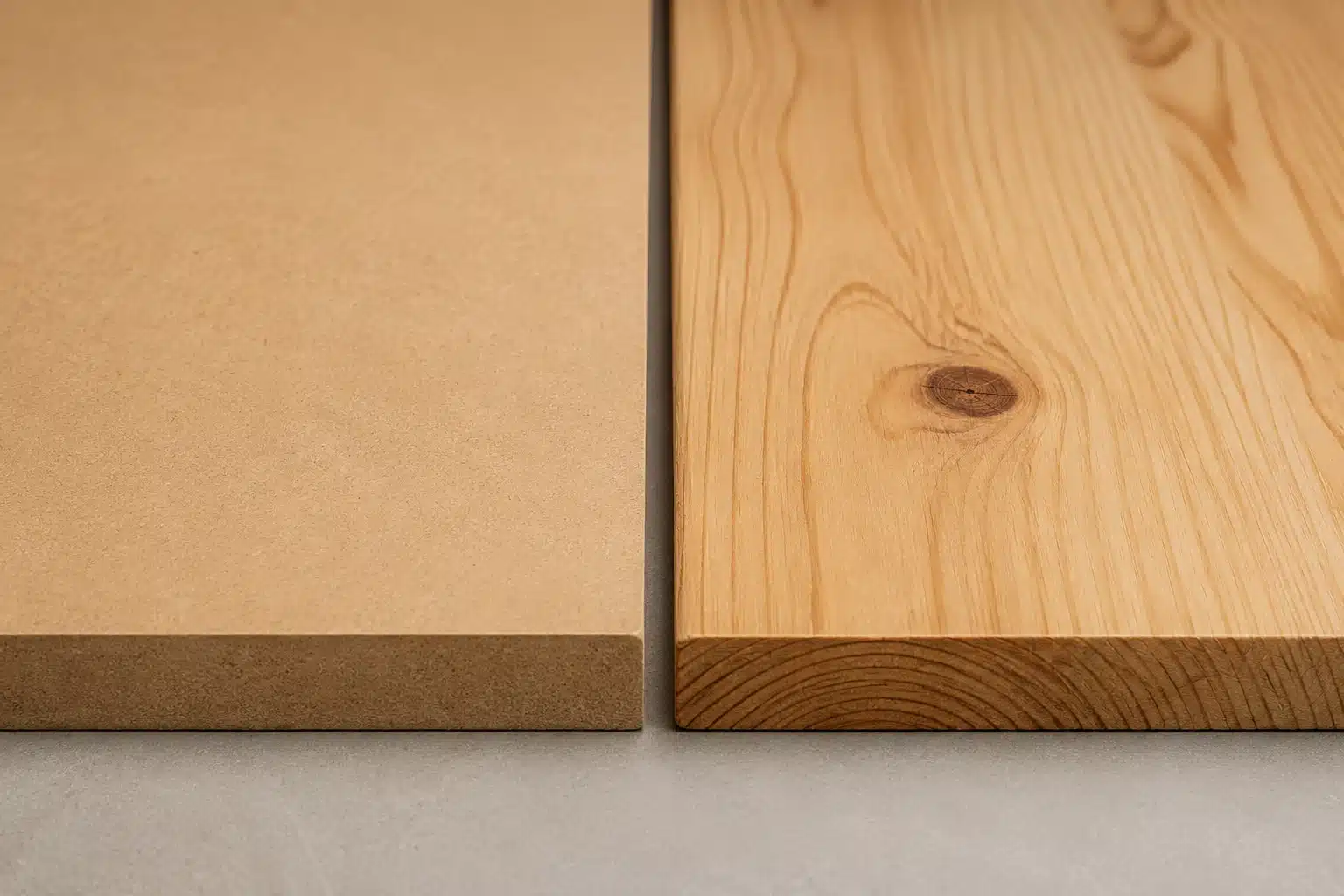 Comparaison visuelle entre un panneau MDF et une planche de bois massif