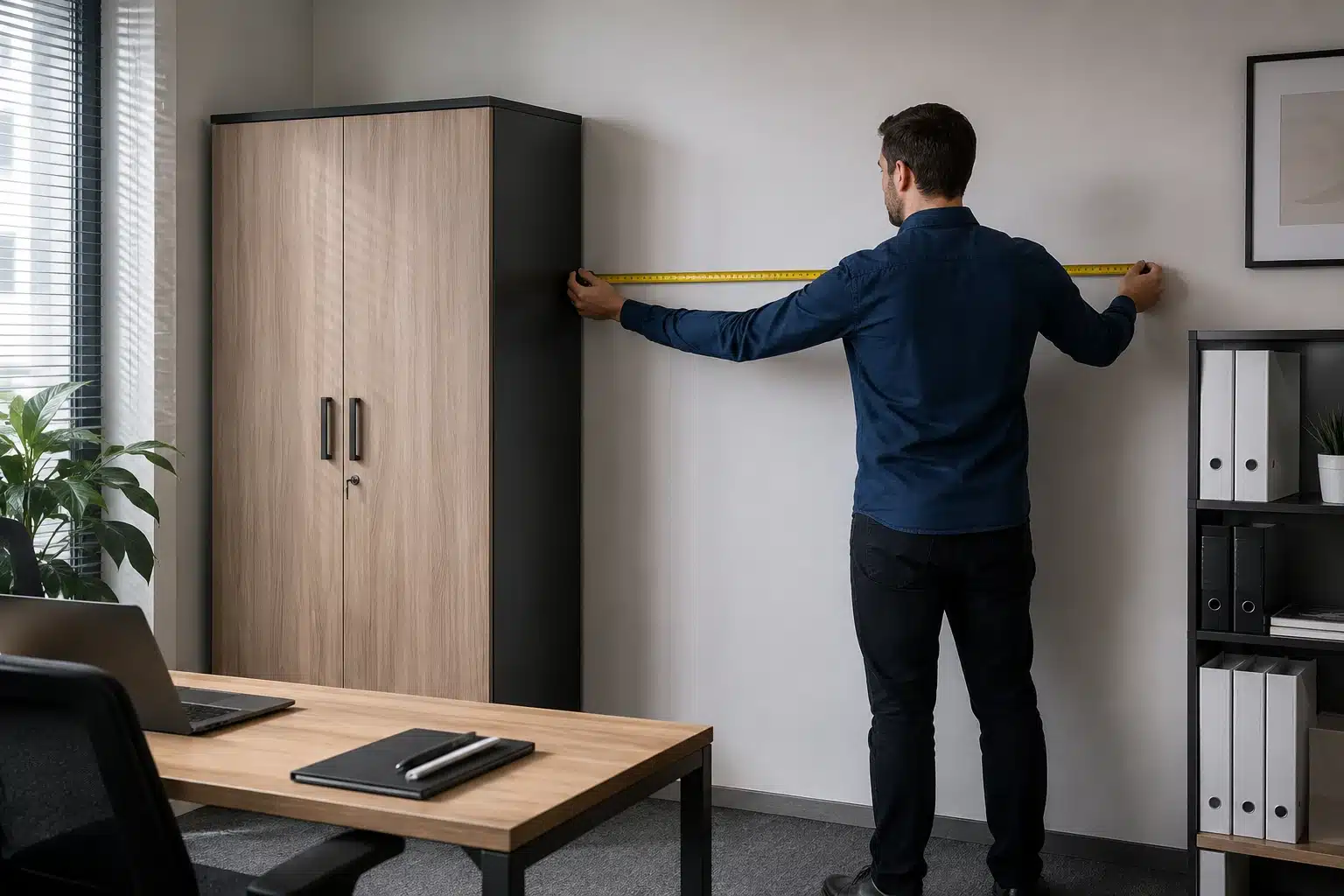 Schéma des dimensions d'une armoire de bureau : hauteur, largeur et profondeur