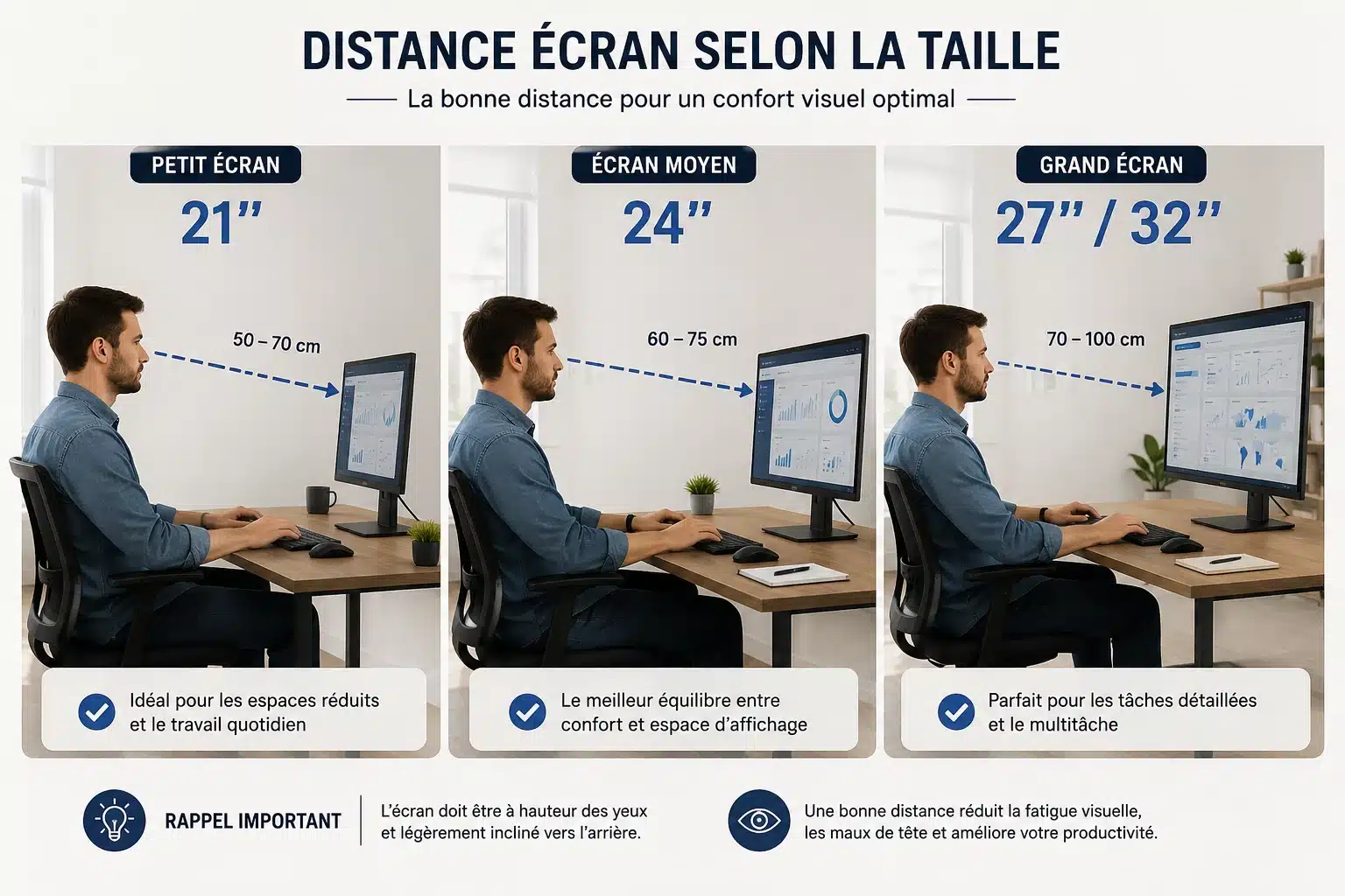 Distance d'écran recommandée selon la taille de l'écran d'ordinateur