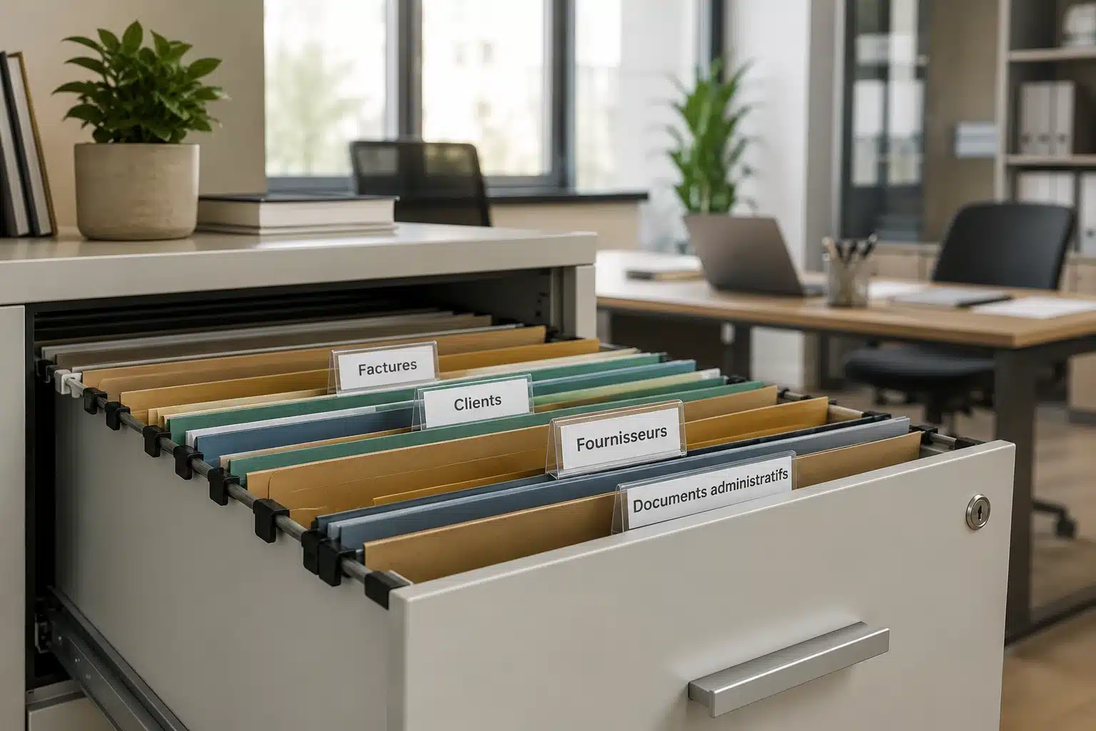 Organisation des documents au bureau à l'aide de dossiers suspendus