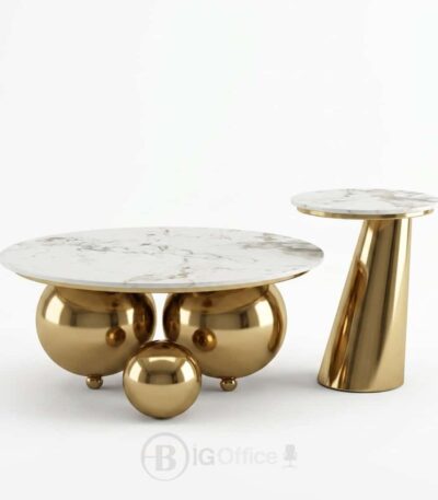 Ensemble composé d’une grande table basse ronde à base sphérique et d’une petite table d’appoint