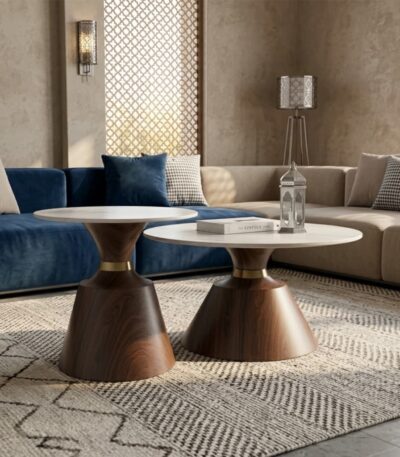 Duo de tables gigognes rondes avec plateau en céramique pour salon et espace d’accueil