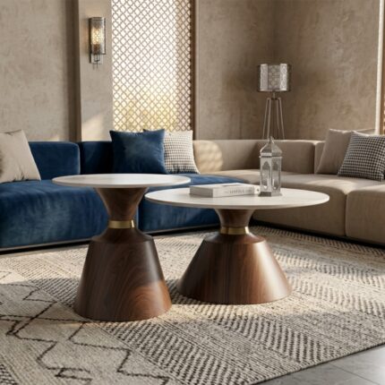 Duo de tables gigognes rondes avec plateau en céramique pour salon et espace d’accueil