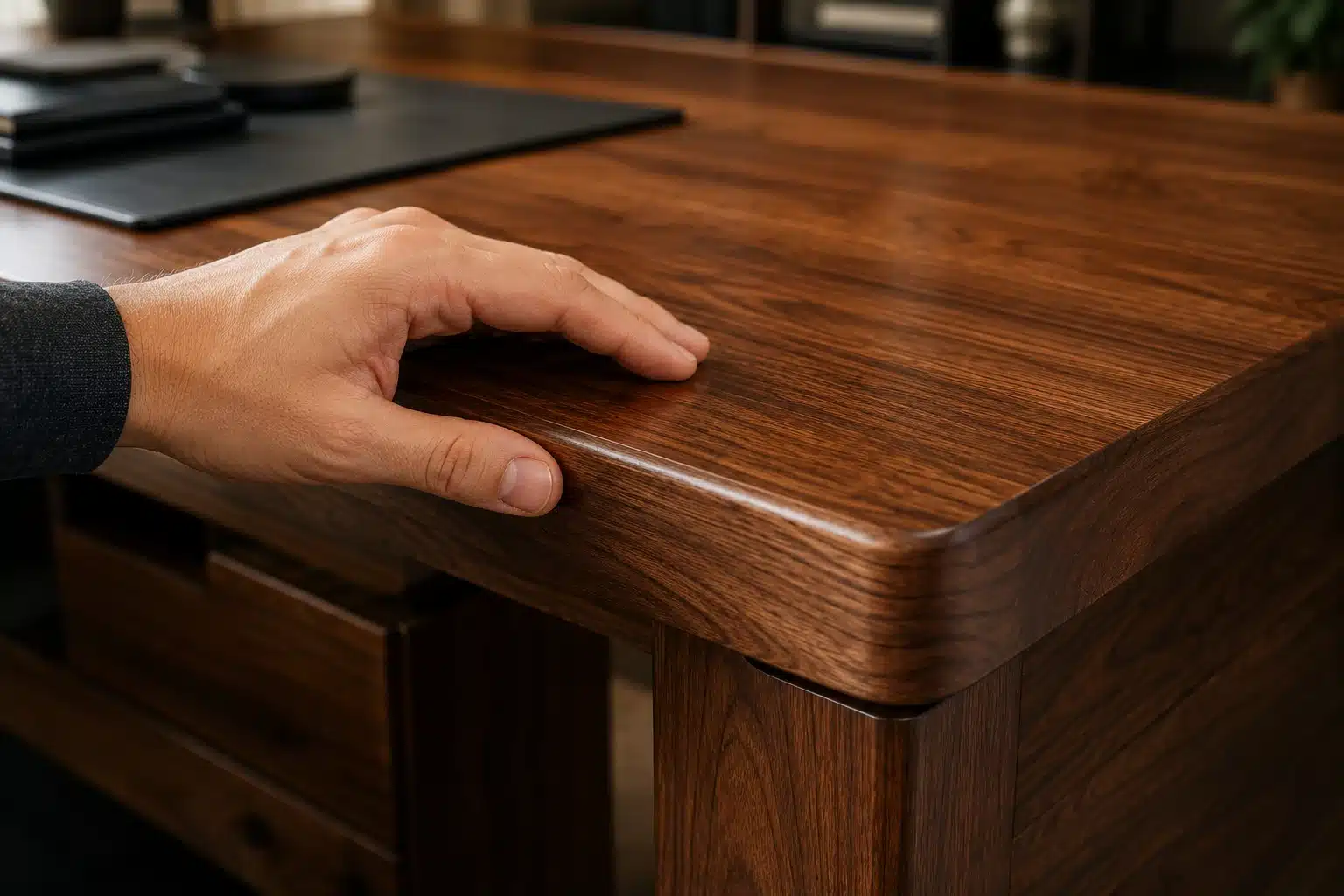 Bureau en bois utilisé depuis plusieurs années, illustrant la durabilité du mobilier en bois