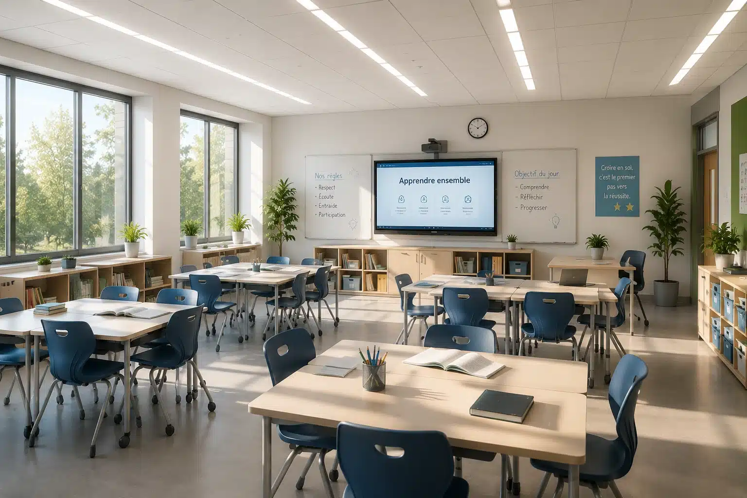 Éclairage naturel et artificiel adapté à une salle de classe moderne