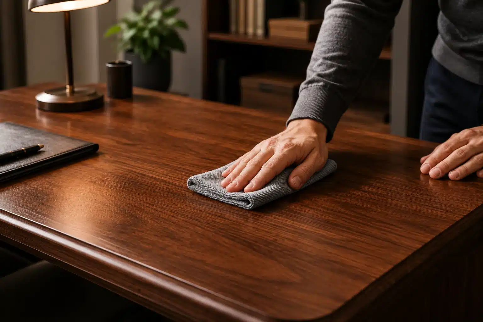 Entretien d'un bureau en bois avec un chiffon doux et des produits adaptés