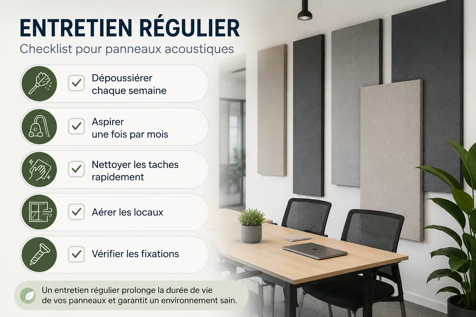 Checklist d'entretien des panneaux acoustiques de bureau