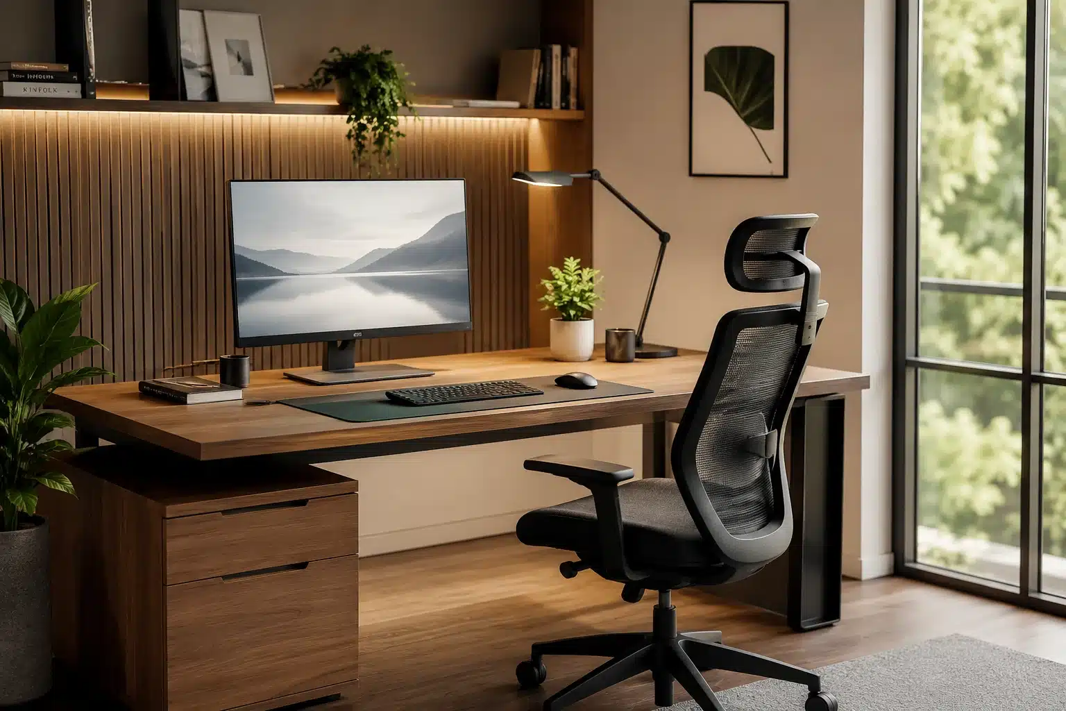 Équipements pour un bureau à domicile : bureau, chaise et rangement réunis dans un espace cohérent