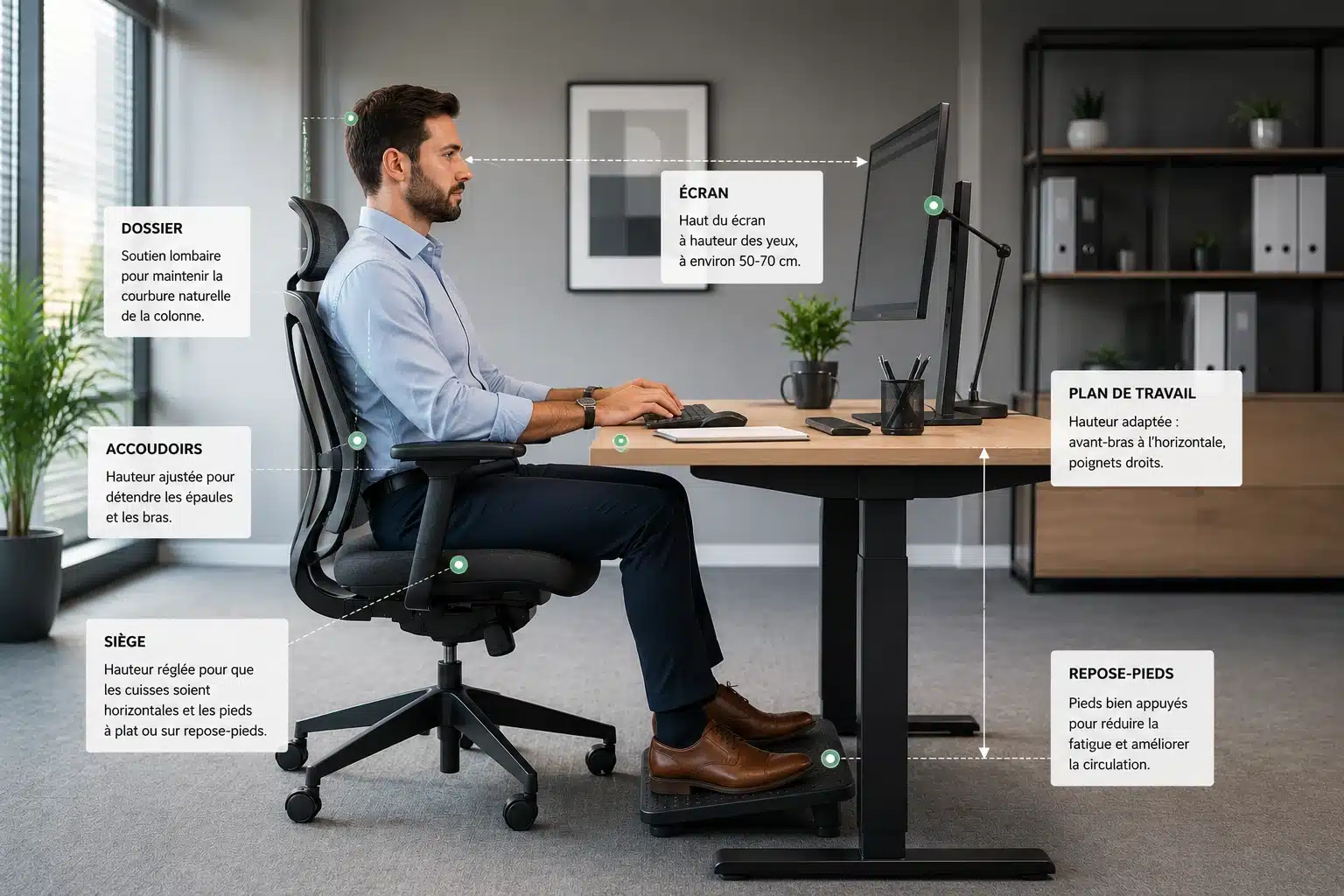 Poste de travail de bureau aménagé selon les principes de l'ergonomie