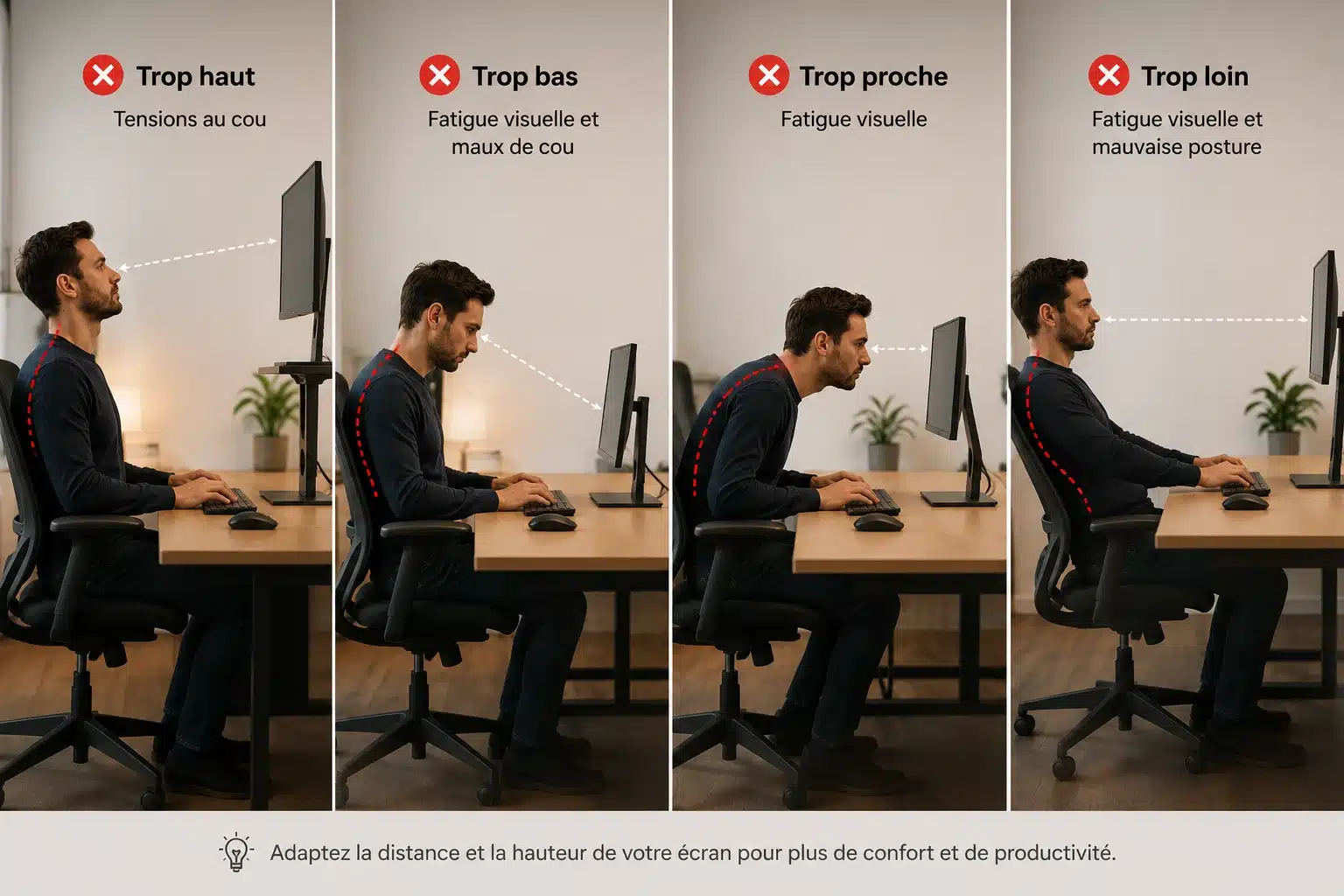 Erreurs fréquentes de distance et de position de l'écran d'ordinateur