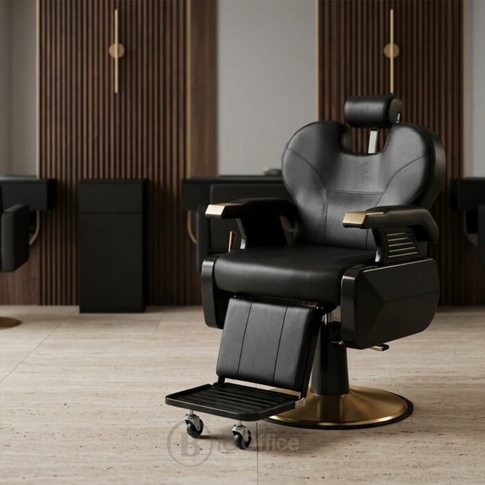 Fauteuil de barbier professionnel noir et doré avec appuie-tête et repose-pieds mobile