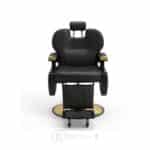 Fauteuil professionnel noir et doré avec assise rembourrée, appuie-tête et repose-pieds mobile.
