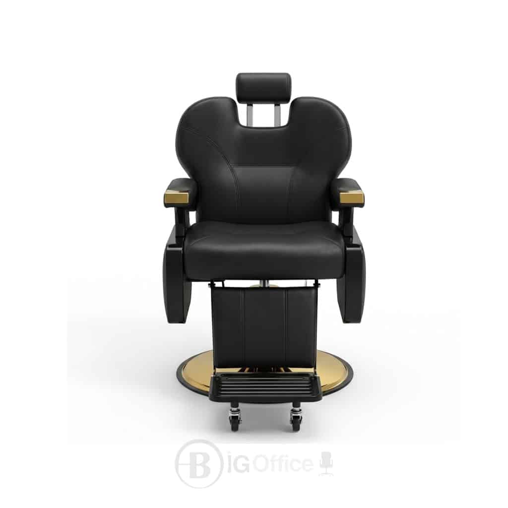 Fauteuil professionnel noir et doré avec assise rembourrée, appuie-tête et repose-pieds mobile.
