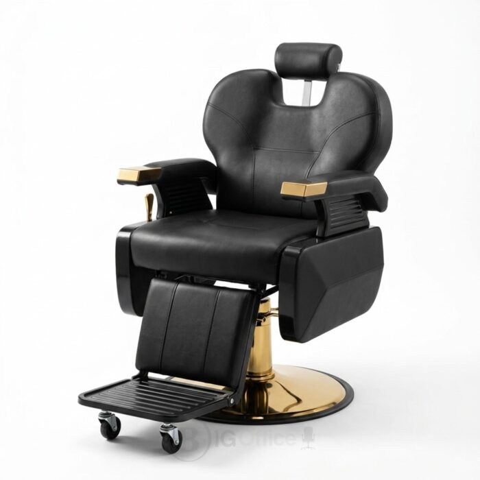 Fauteuil de barbier professionnel noir et doré avec appuie-tête et repose-pieds mobile