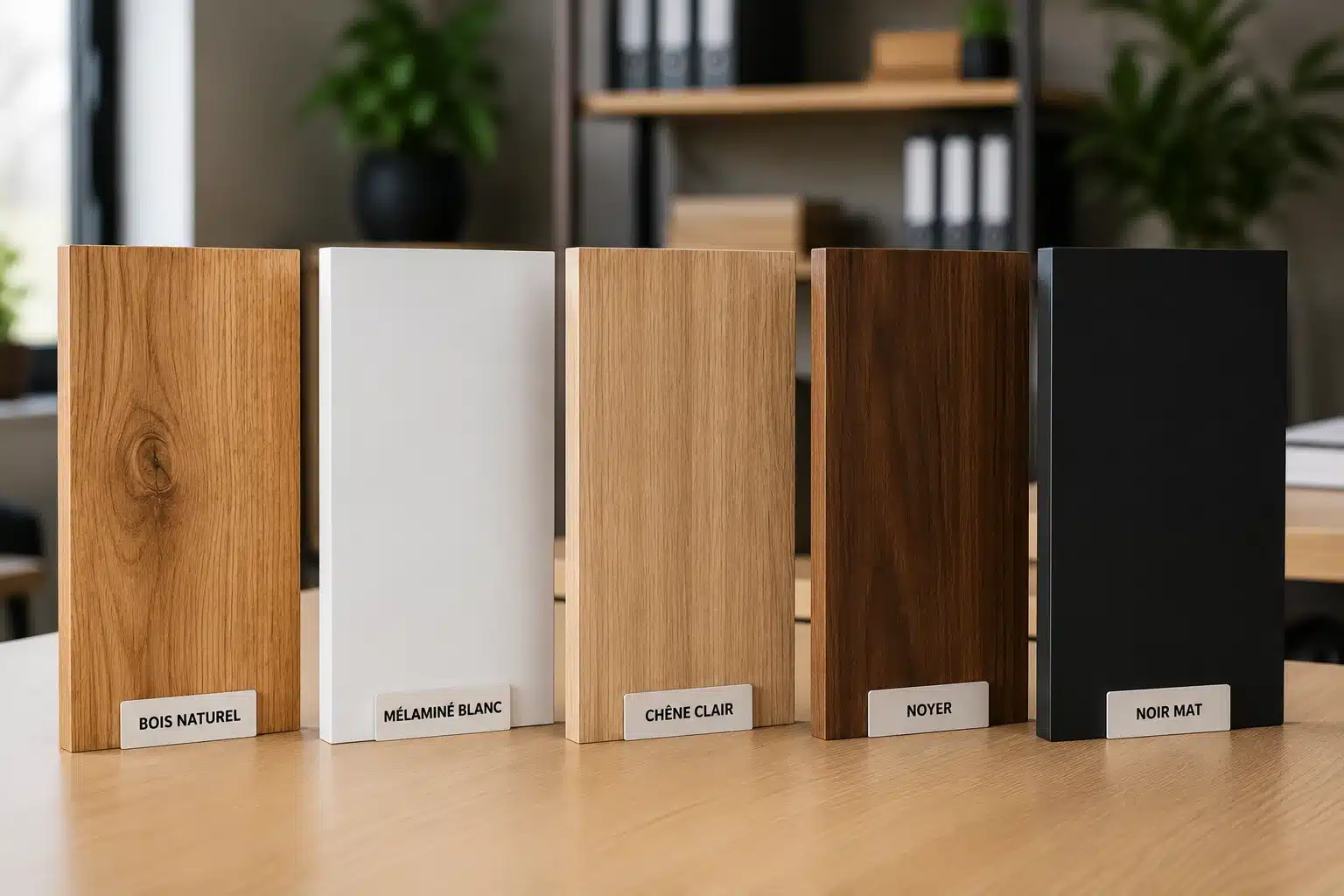 Finitions des meubles de bureau : mélaminé, laque, placage bois et peinture époxy