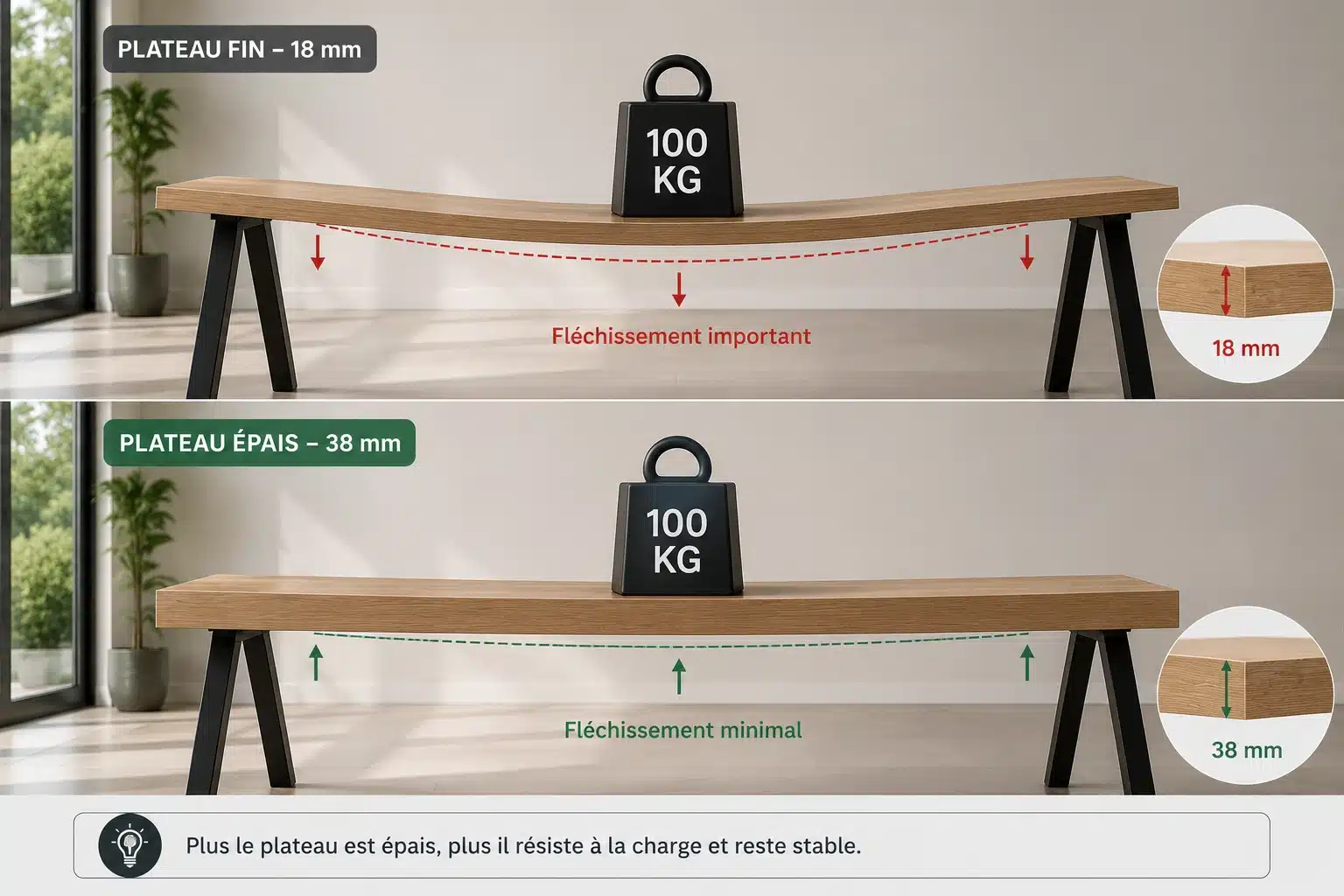 Fléchissement d'un plateau de bureau sous charge