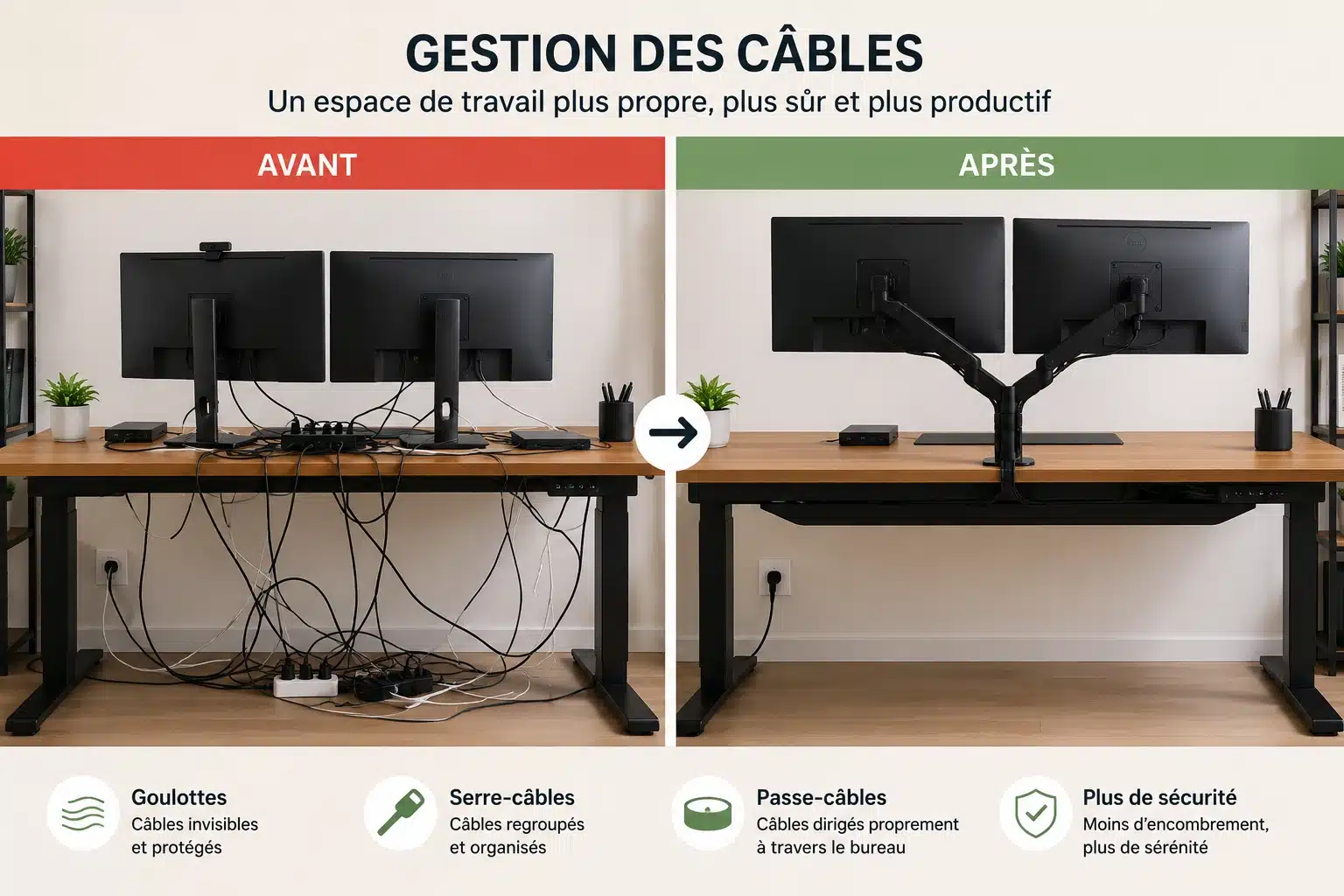 Gestion des câbles sur un bureau pour deux écrans