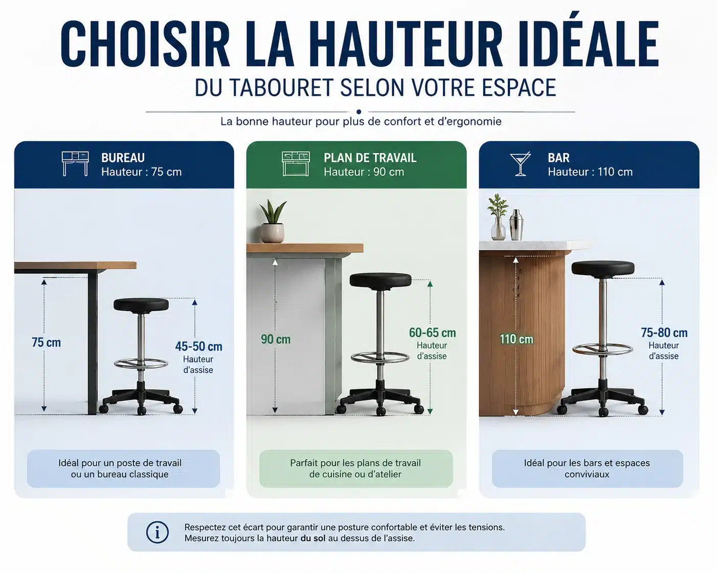 Guide des hauteurs de tabouret selon le comptoir et le plan de travail