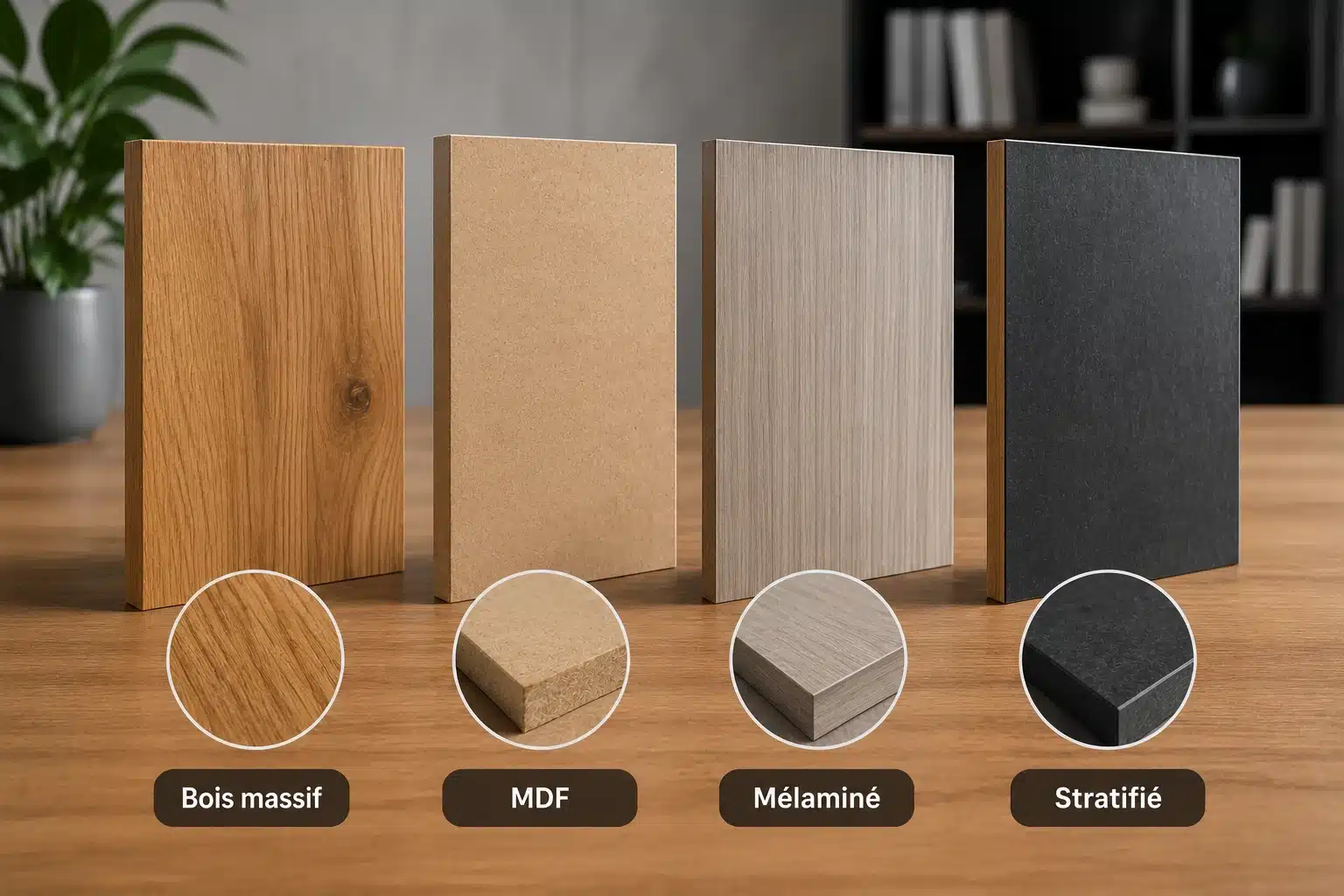 Différents matériaux de bureau en bois : massif, MDF et mélaminé