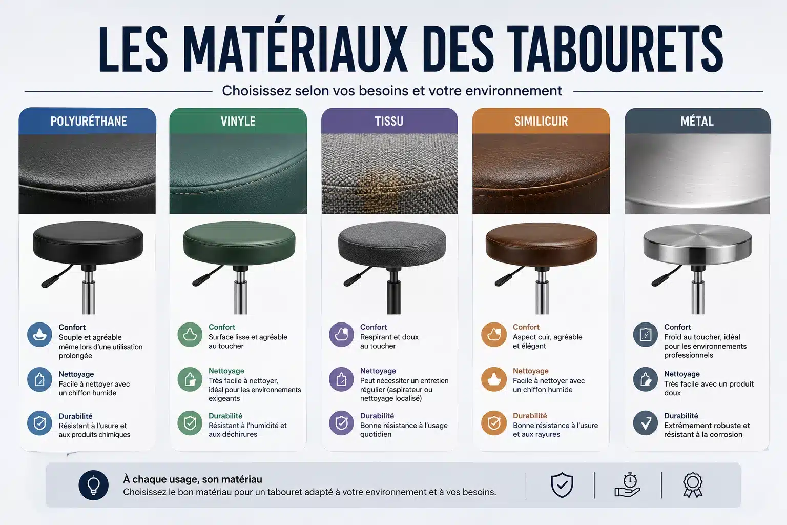 Matériaux de fabrication d'un tabouret : polyuréthane, vinyle et tissu rembourré