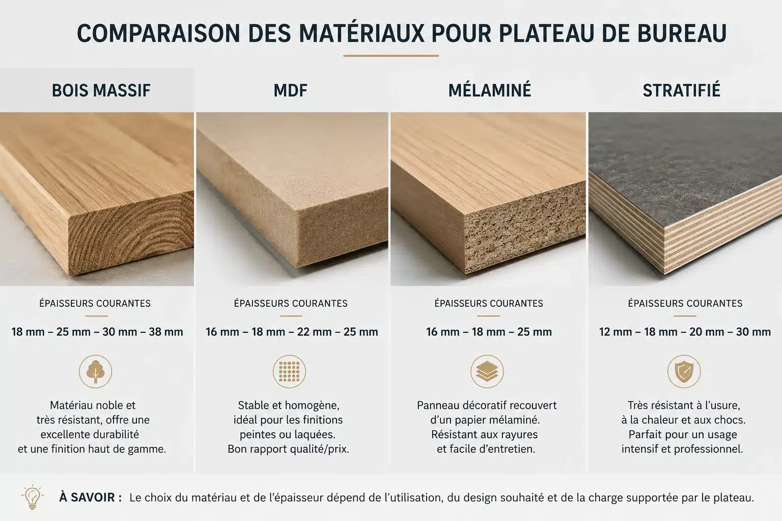 Matériaux et épaisseur d'un plateau de bureau : MDF, mélaminé, bois massif