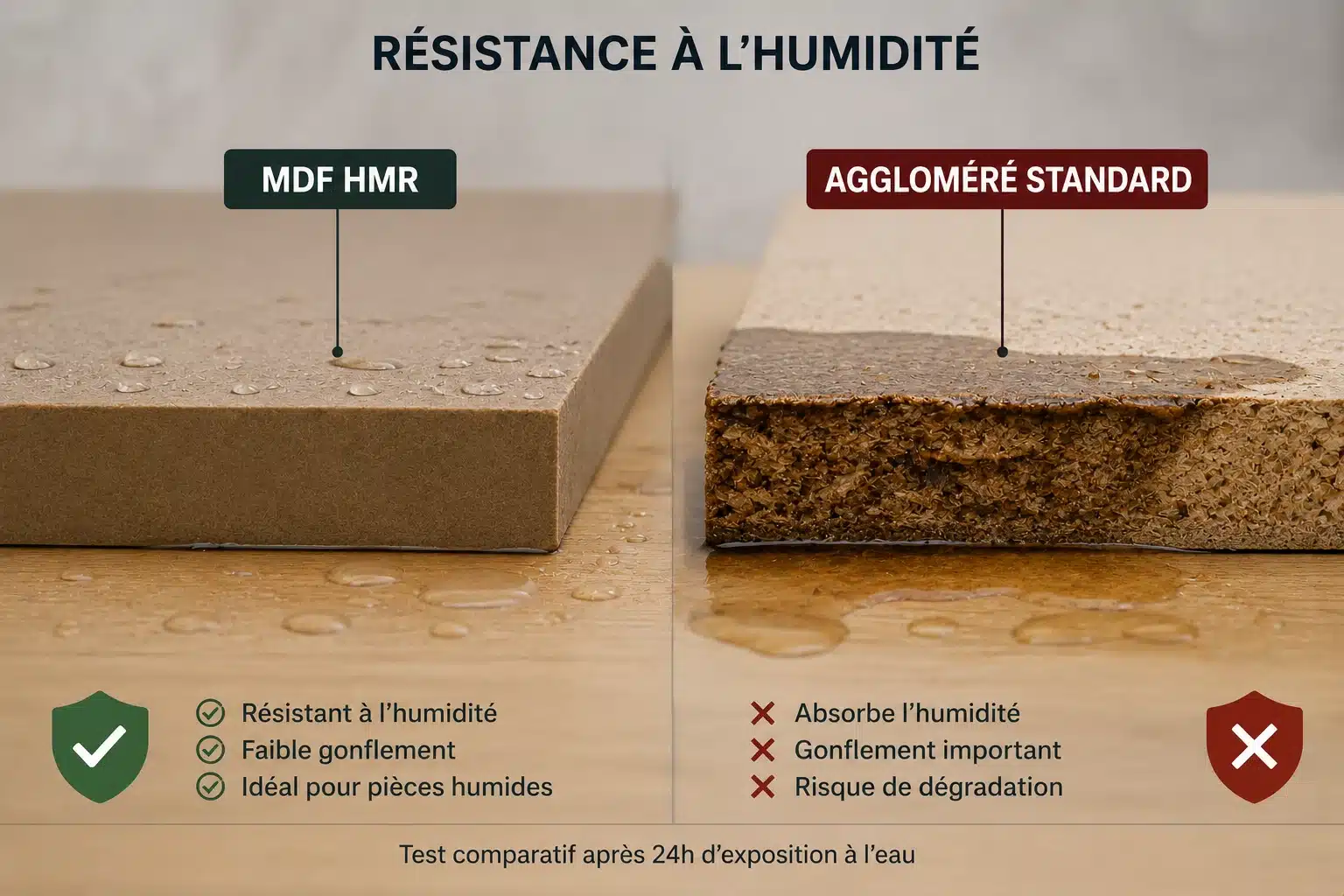 Test de résistance à l'humidité entre MDF et aggloméré