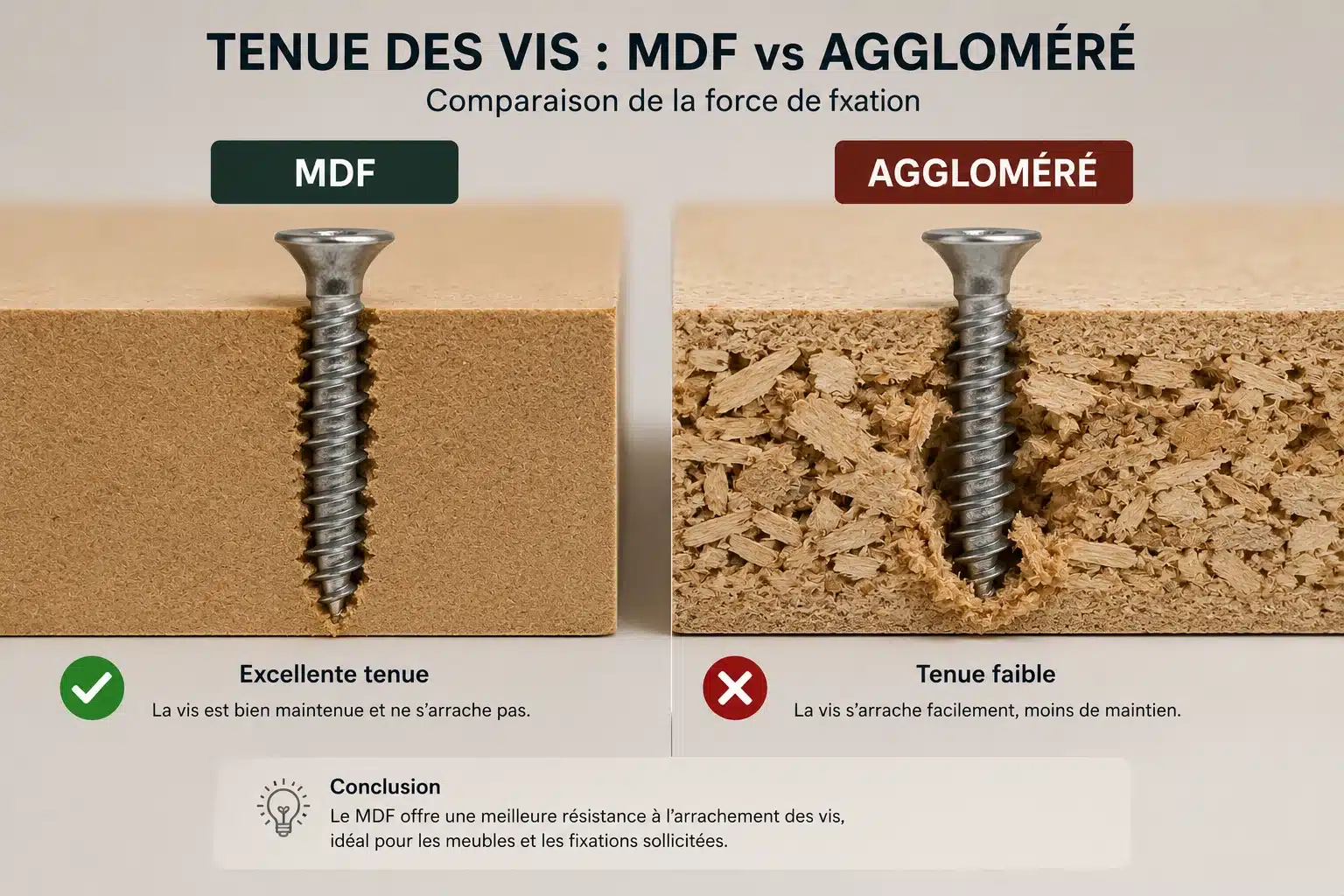 Test de tenue de vis sur panneau MDF et panneau aggloméré