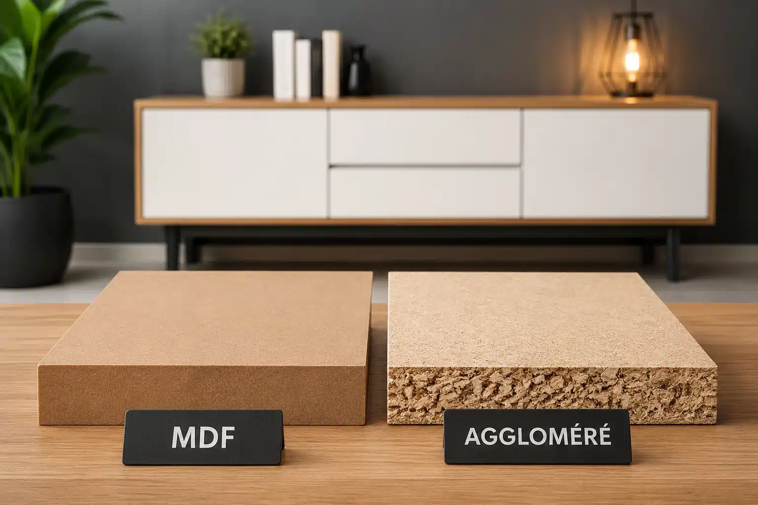 Coupe transversale comparant la structure du MDF et de l'aggloméré