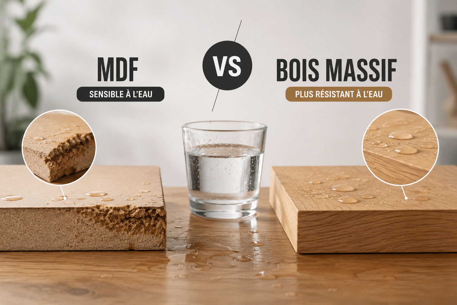 Comparaison entre un panneau MDF et un panneau en bois massif face à l'eau