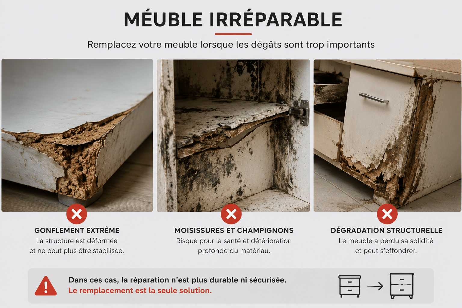 Meuble devenu irréparable après un dégât des eaux important