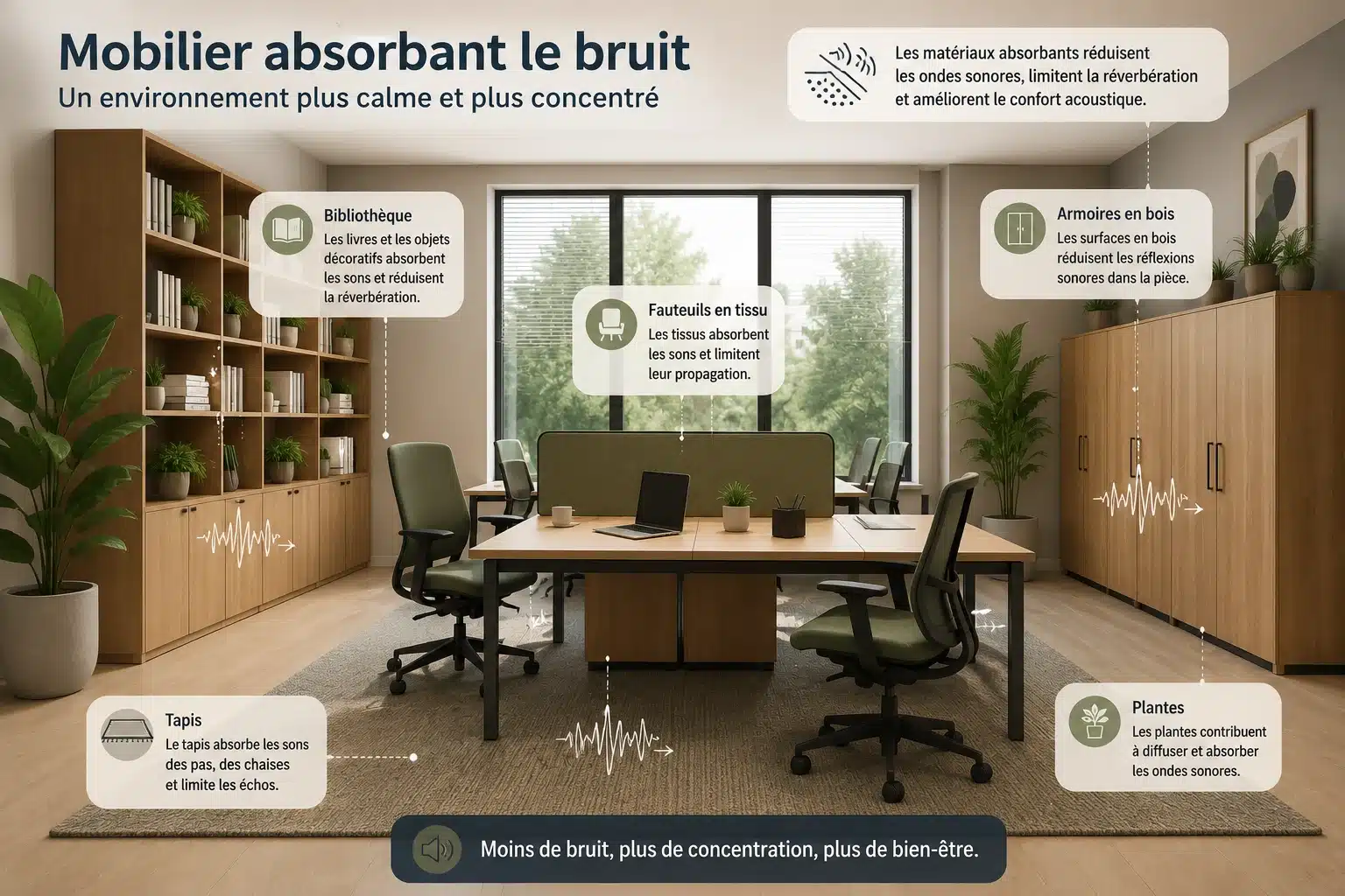 Mobilier acoustique choisi pour réduire le bruit au bureau