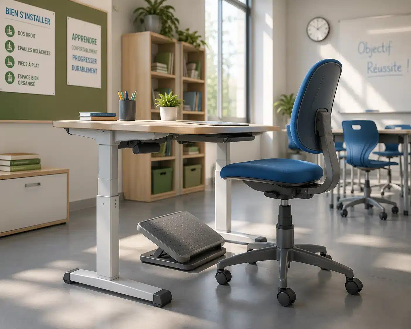 Mobilier scolaire ergonomique avec chaises réglables et soutien lombaire adapté aux élèves