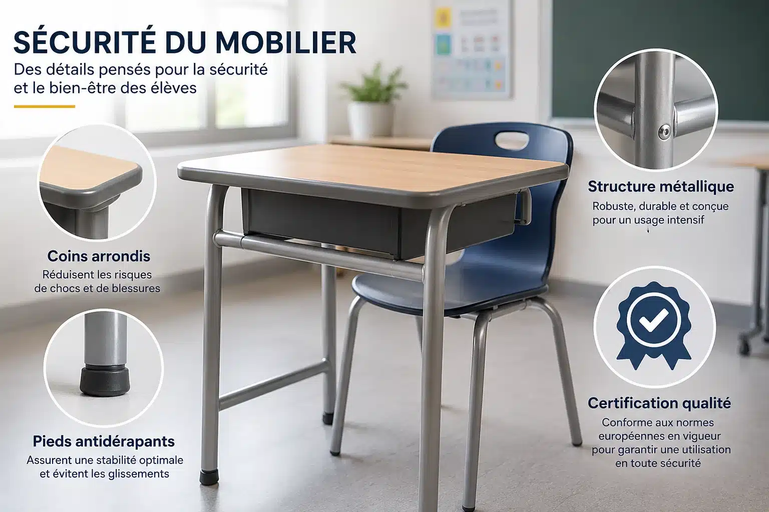 Mobilier scolaire sécurisé avec angles arrondis et structure stable conforme EN 1729