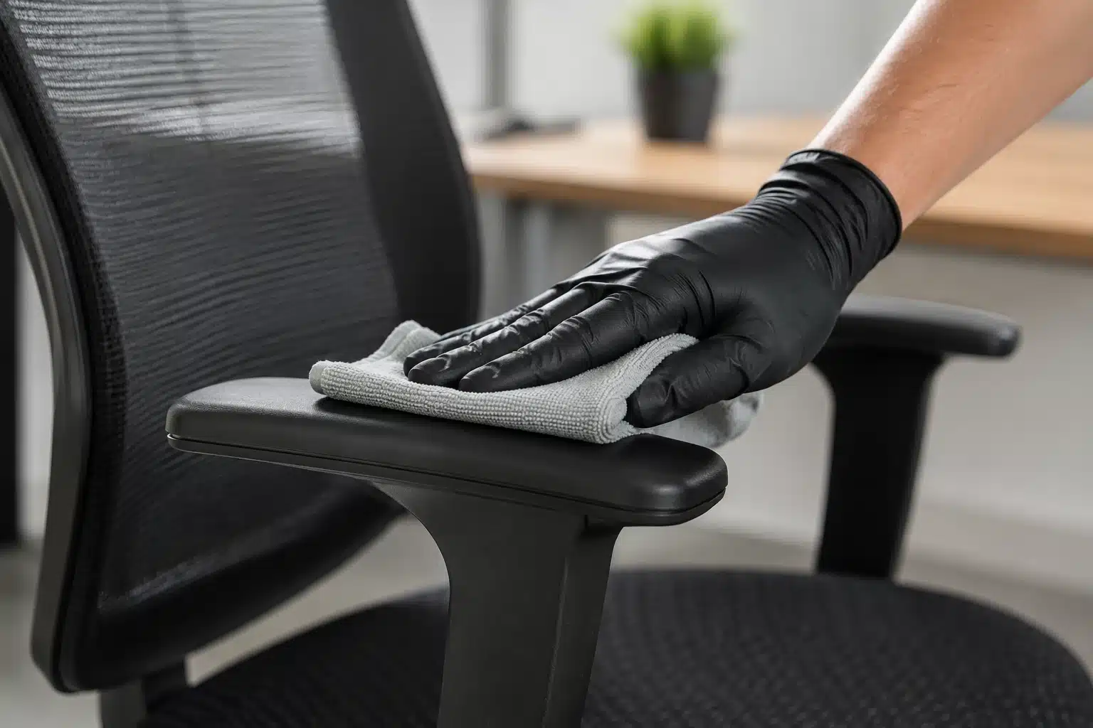 Nettoyage des accoudoirs d'une chaise de bureau