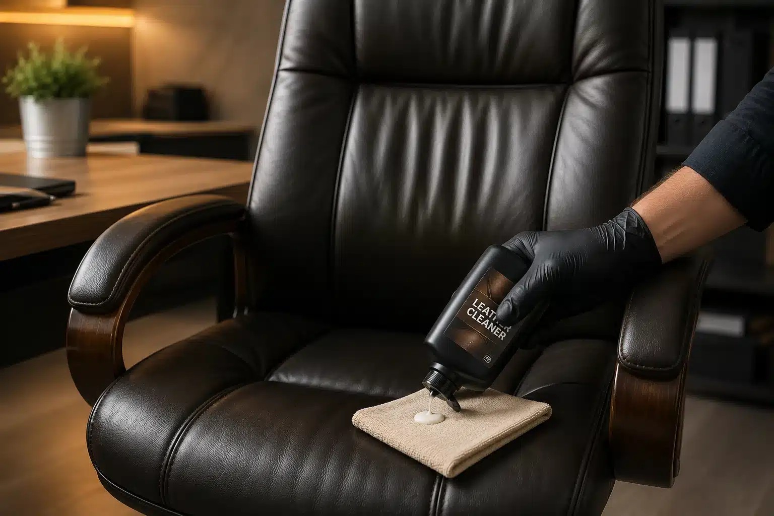 Entretien d'une chaise de bureau en cuir avec produit nourrissant