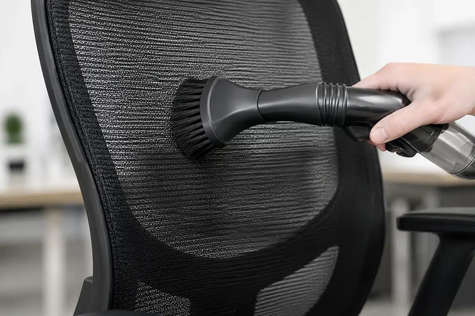 Nettoyage d'une chaise de bureau en mesh avec brosse douce
