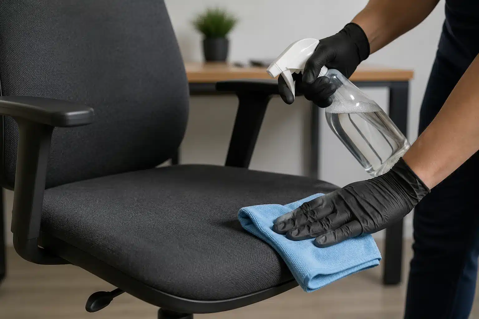 Nettoyage d'une chaise de bureau en tissu avec chiffon microfibre