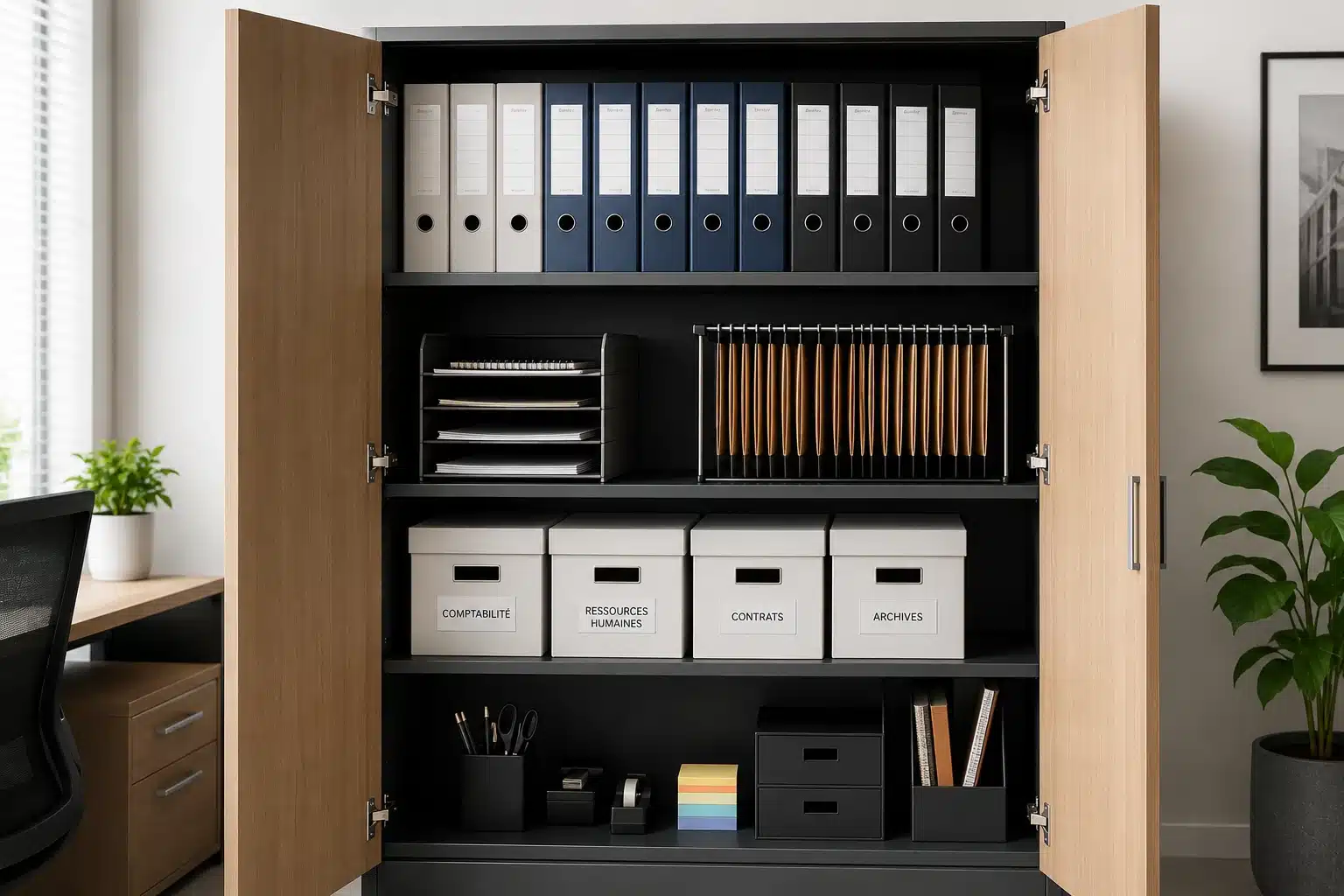 Organisation intérieure d'une armoire de bureau avec étagères réglables