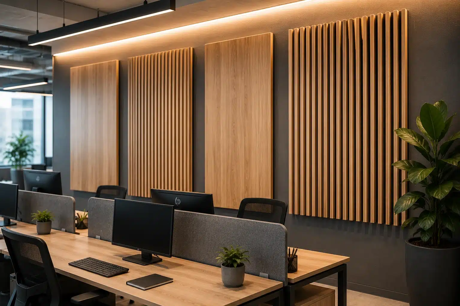 Panneaux acoustiques muraux installés dans un bureau ouvert