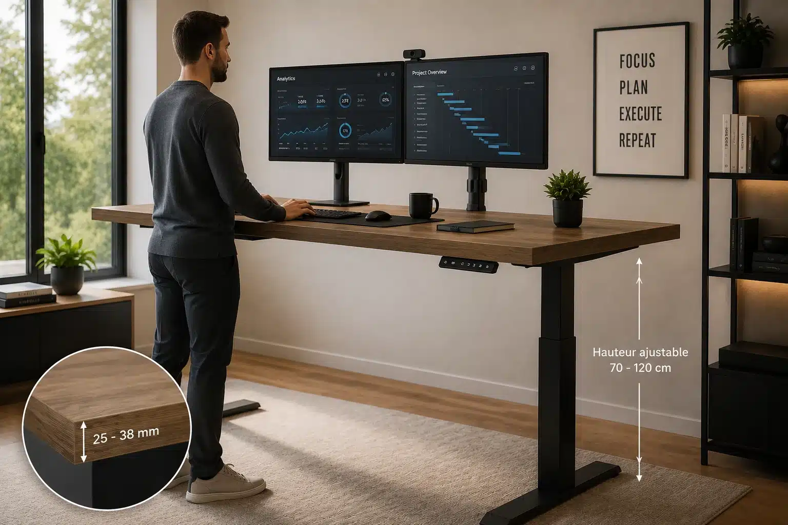 Plateau de bureau assis-debout avec épaisseur adaptée