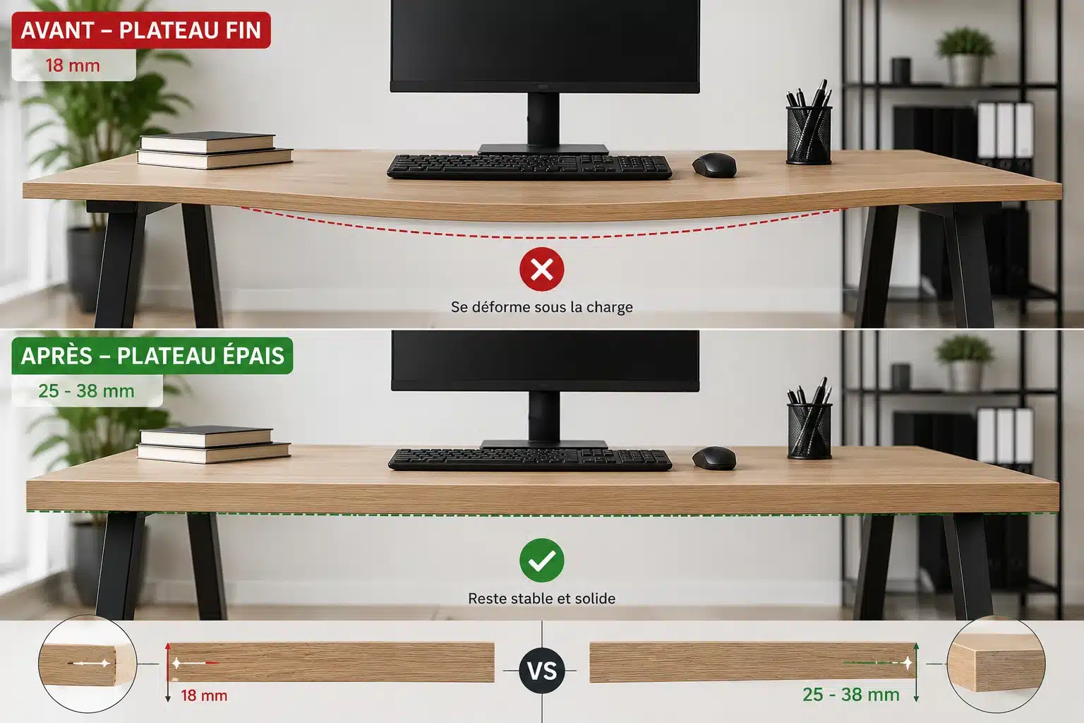 Comparaison entre un plateau de bureau fin et un plateau épais