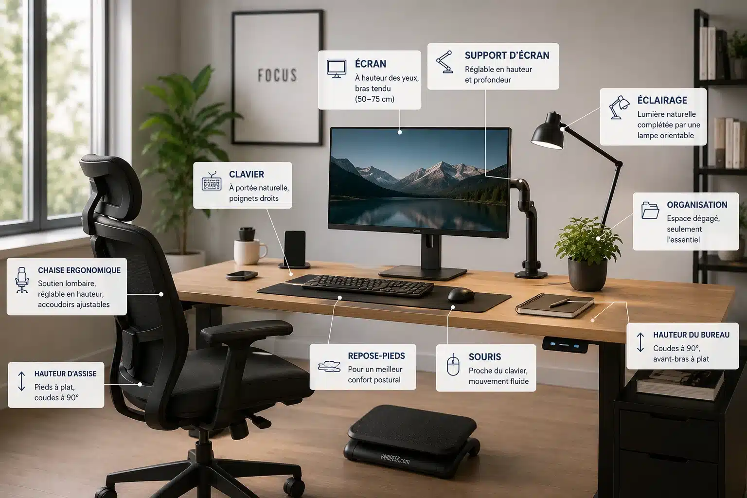 Poste de travail ergonomique complet avec bureau et chaise adaptés