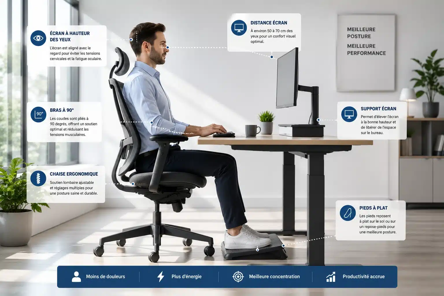 Poste de travail ergonomique équipé par BigOffice.ma